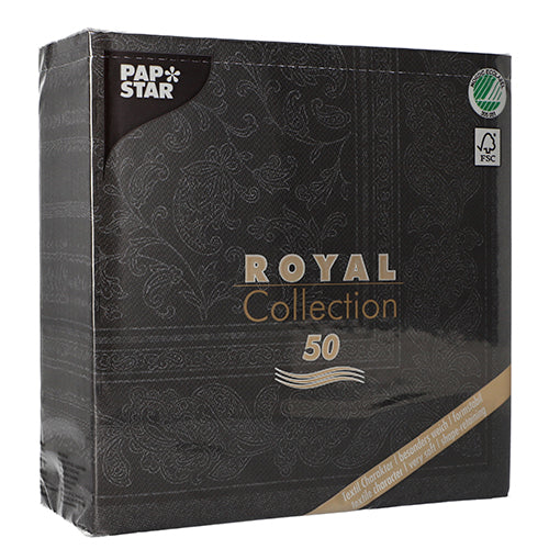 A black packaging of PAPSTAR GmbH 50 napkins "ROYAL Collection" 1/4 fold, 40 x 40 cm, black, with decorative patterns and eco-friendly symbols on the front.