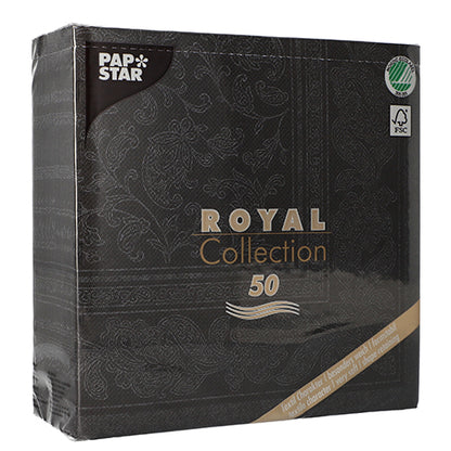 A black packaging of PAPSTAR GmbH 50 napkins "ROYAL Collection" 1/4 fold, 40 x 40 cm, black, with decorative patterns and eco-friendly symbols on the front.