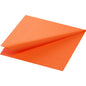 A Duni GmbH 3-ply napkin 24x24 cm, orange-colored paper napkin from a pack of 250 is partially unfolded with embossed edges depicted and stands out against a plain white background.