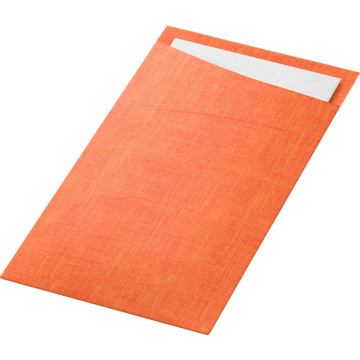 A rectangular orange Sacchetto Dunisoft 230 x 115 mm from Duni GmbH, with a textured pattern and visible white card inside - perfect as a stylish gift wrap or practical paper bag for gifting.