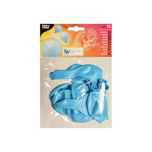 A pack of 10 blue PAPSTAR 10 balloons Ø 25 cm from PAPSTAR GmbH in a transparent plastic packaging with a colorful label with product name and balloon images, perfect for decoration.