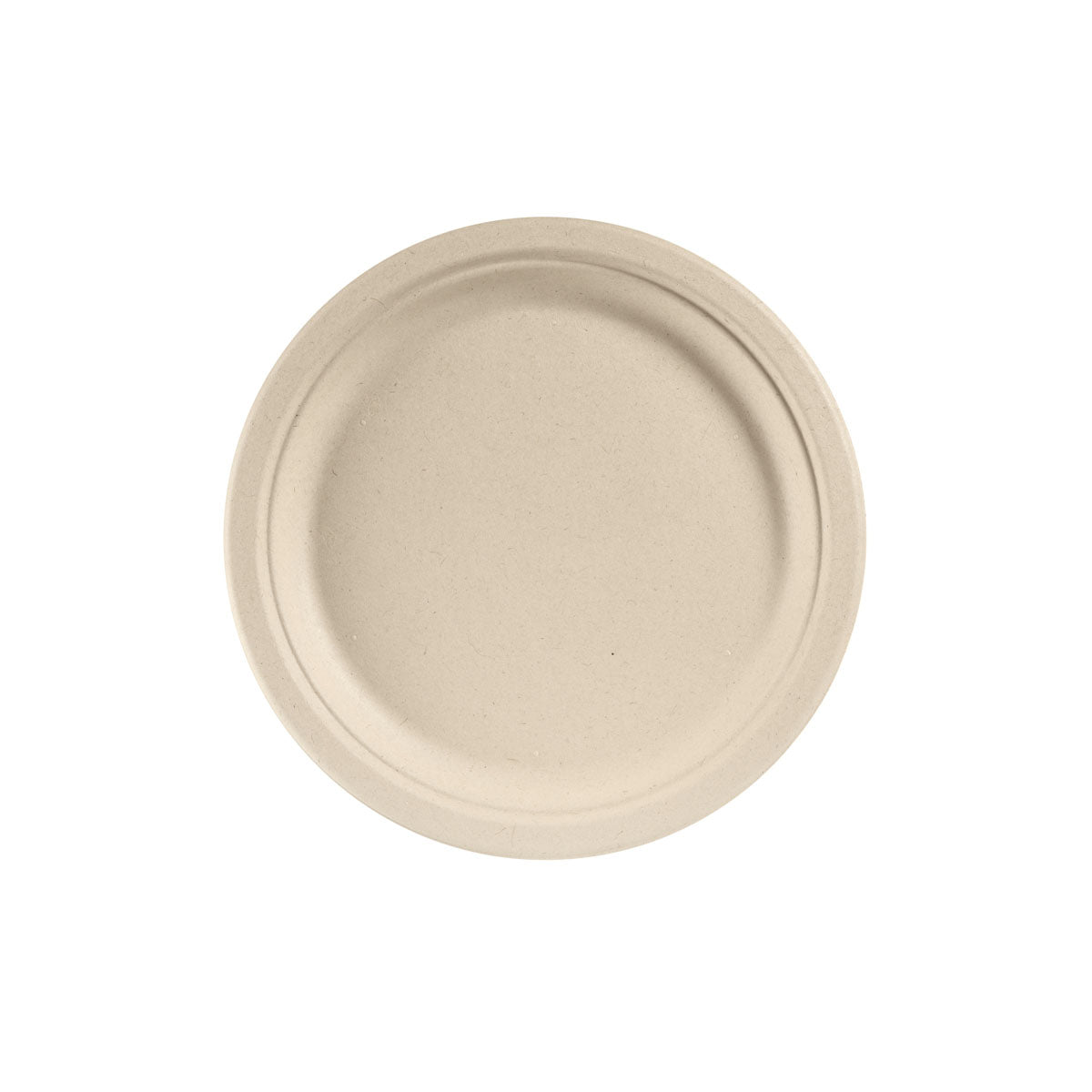 A round, brown plate ø 26 cm Brown made of unbleached bagasse from Duni GmbH is shown from above on a white background. With a slightly raised edge and smooth surface, it is the eco-friendly choice for any occasion. Pack of 50 pieces.