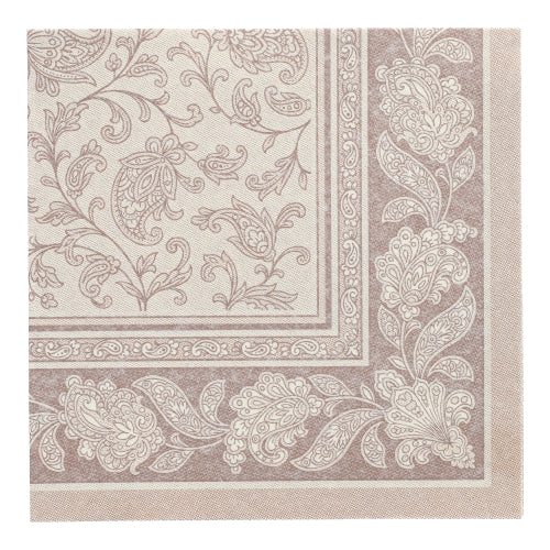 The 40 x 40 cm large, square napkin from the ROYAL collection of the PAPSTAR GmbH in the color "mocca" features an ornate floral and paisley pattern with a matching decorative border. The package contains 50 napkins, each with a practical 1/4-fold.