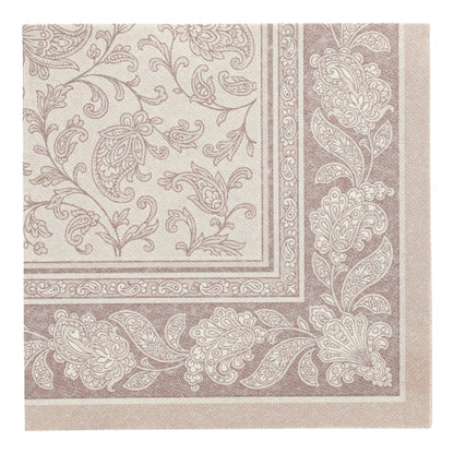 The 40 x 40 cm large, square napkin from the ROYAL collection of the PAPSTAR GmbH in the color "mocca" features an ornate floral and paisley pattern with a matching decorative border. The package contains 50 napkins, each with a practical 1/4-fold.