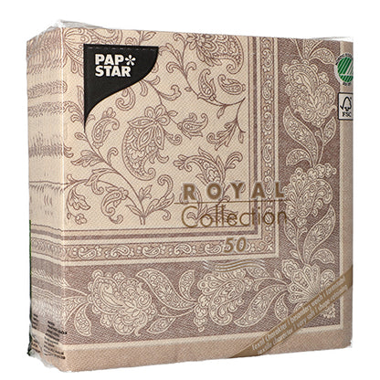 A pack of 50 PAPSTAR GmbH napkins from the ROYAL Collection, 40 x 40 cm, 1/4-folded in the color mocca, with logo and labeling in the upper left and lower right corner.