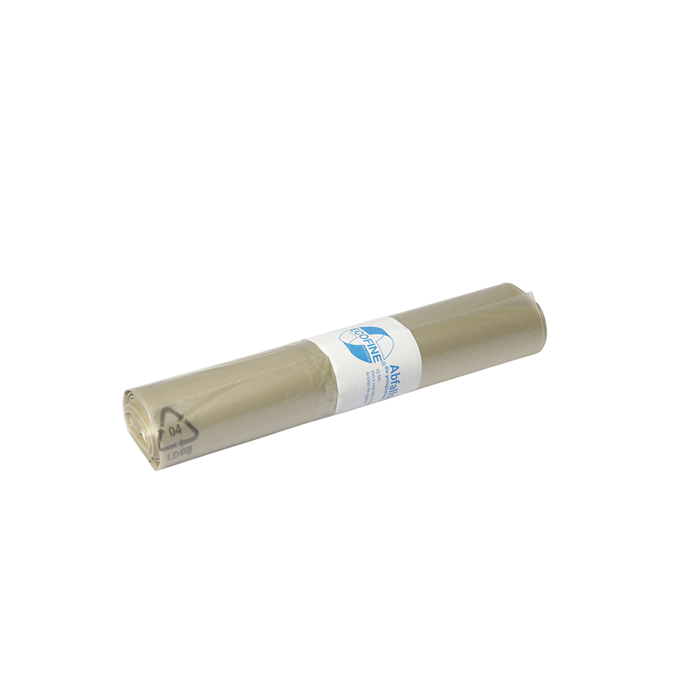 Depicted is a roll of DEISS ECOFINE® waste bags 13900 made of recycled LDPE/LLDPE 120 liters from EMIL DEISS KG (GmbH + Co.), packaged in a white label with blue text and graphics, on a white background.