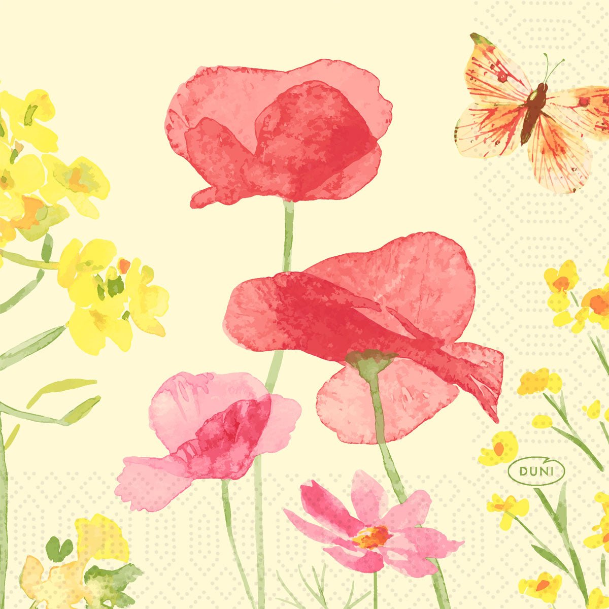 Watercolor illustration of red and pink poppies, yellow wildflowers, and a butterfly on a light beige background. Napkin, 24x24 3-ply 1/4 by Duni GmbH - perfect for special occasions in a delicate, picturesque style.