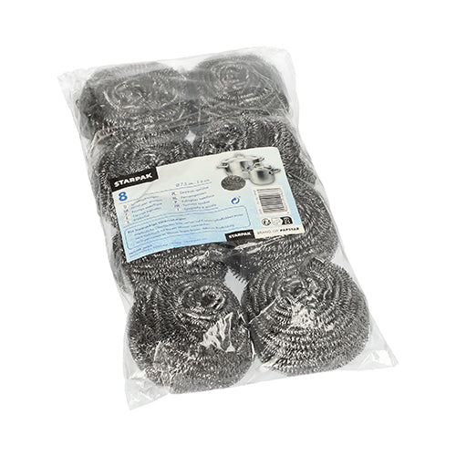 A transparent plastic package with eight Starpak spiral pot cleaners, stainless steel Ø 7.5 cm · 6 cm, abrasive | foil (8 pieces), with a blue-white label featuring product details and pot images for efficient cleaning.