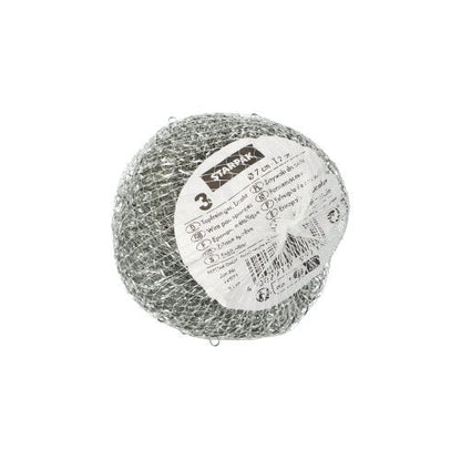 The Starpak 3 pot cleaners (wire Ø 7 cm · 2 cm, abrasive | mesh, 3 pieces) are round scouring pads made of metal with a white information label, ideal for thorough cleaning and scrubbing of various surfaces.