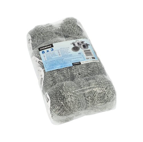 A transparent, plastic-wrapped pack with three Starpak wire pot cleaners (Ø 7 cm, 2 cm, abrasive) with the label “Starpak”. The blue and white label advertises an effective cleaning solution for pots and pans in multiple languages.