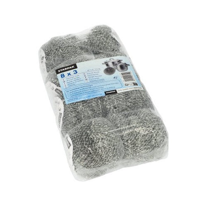 A transparent, plastic-wrapped pack with three Starpak wire pot cleaners (Ø 7 cm, 2 cm, abrasive) with the label “Starpak”. The blue and white label advertises an effective cleaning solution for pots and pans in multiple languages.