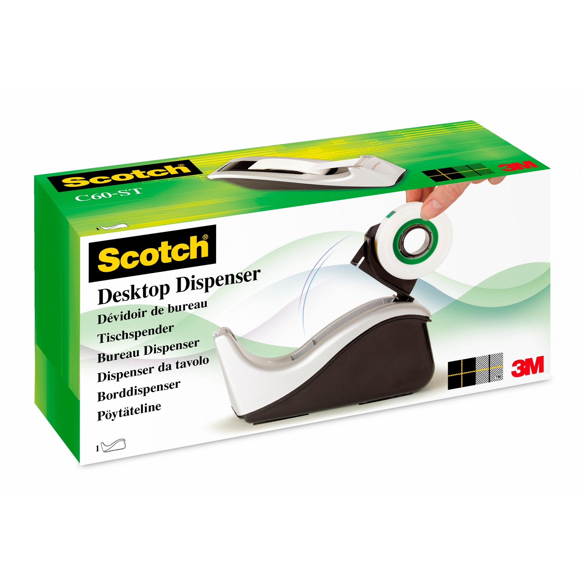 Ein Karton für den Scotch™ Klebeband-Abroller C60 + Scotch® Magic™ Unsichtbares Klebeband (19 mm x 33 mm) der 3M Deutschland GmbH zeigt eine Hand, die das Klebeband in den weiß-grauen Abroller einlegt, mit mehrsprachiger Beschriftung und einem 3M-Logo in der Ecke.