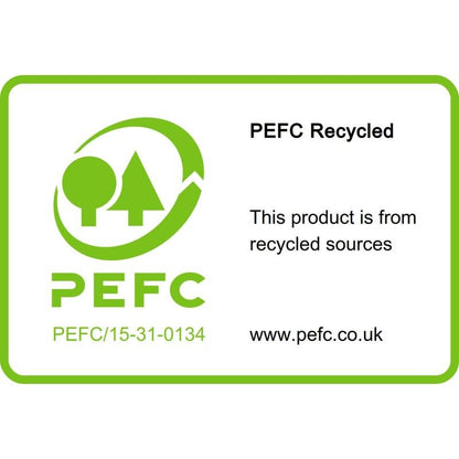 The PEFC Recycled label on the Post-it® Recycling Notes (38 mm x 51 mm, 100 sheets/block, 100% PEFC) from 3M Deutschland GmbH indicates recycled sources and shows the logo, certification number, and www.pefc.co.uk in green and black on white.