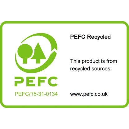 Ein grün umrandetes, rechteckiges Etikett zeigt das PEFC-Logo, "PEFC Recycled", die Zertifizierung SGSCH-PEFC-COC-110078 und bestätigt, dass die 3M Post-it® Recycling Z-Notes Gelb, die zu 100 % PEFC-zertifiziert sind, aus recyceltem Material hergestellt werden (www.pefc.co.uk).
