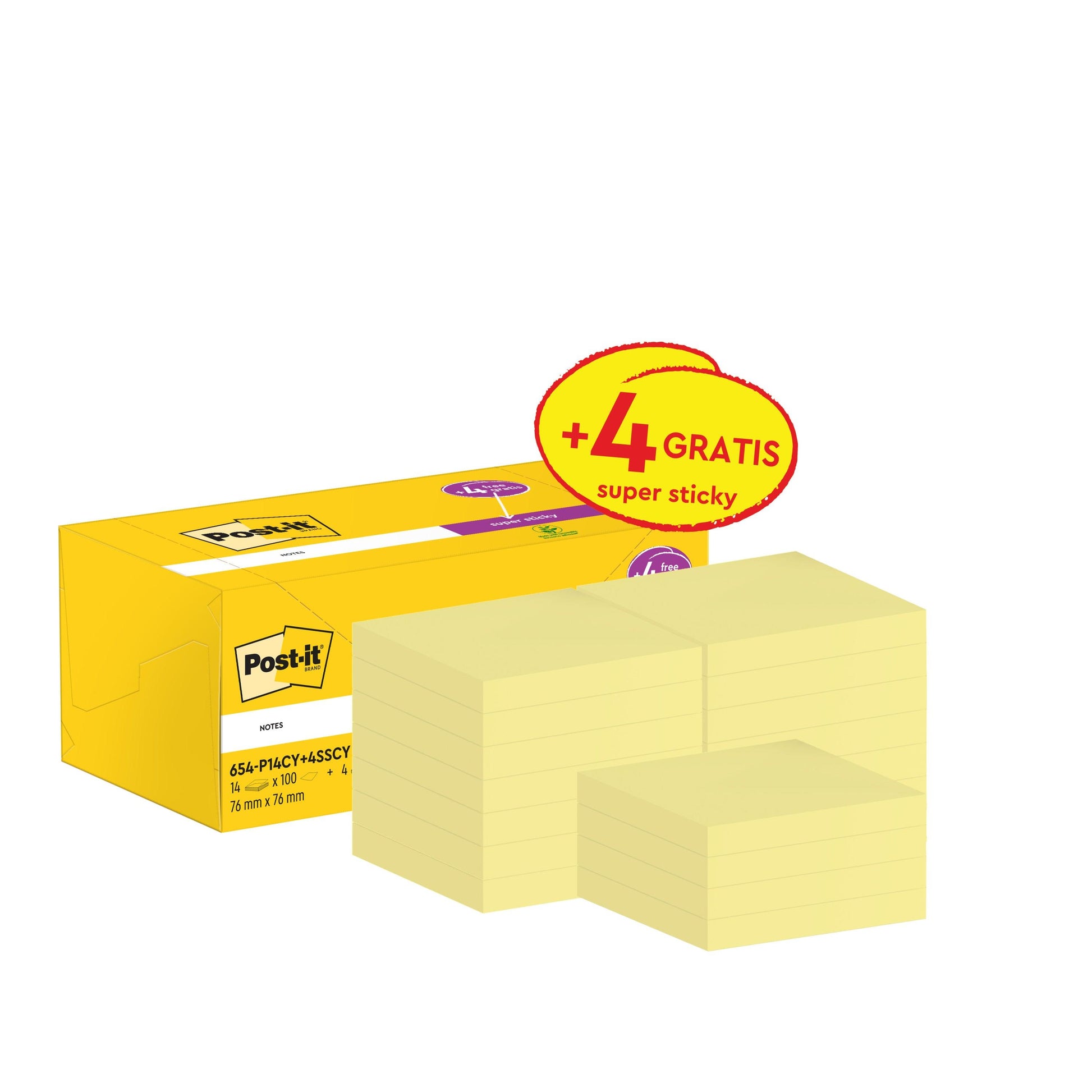 Eine Vorteilspackung der 3M Deutschland GmbH mit 14 gelben Post-it® Notes (76x76 mm, je 100 Blatt) plus 4 zusätzlichen Super Sticky Notes (je 90 Blatt); die Verpackung ist mit einem rot-gelben "+4 gratis super sticky"-Etikett versehen.