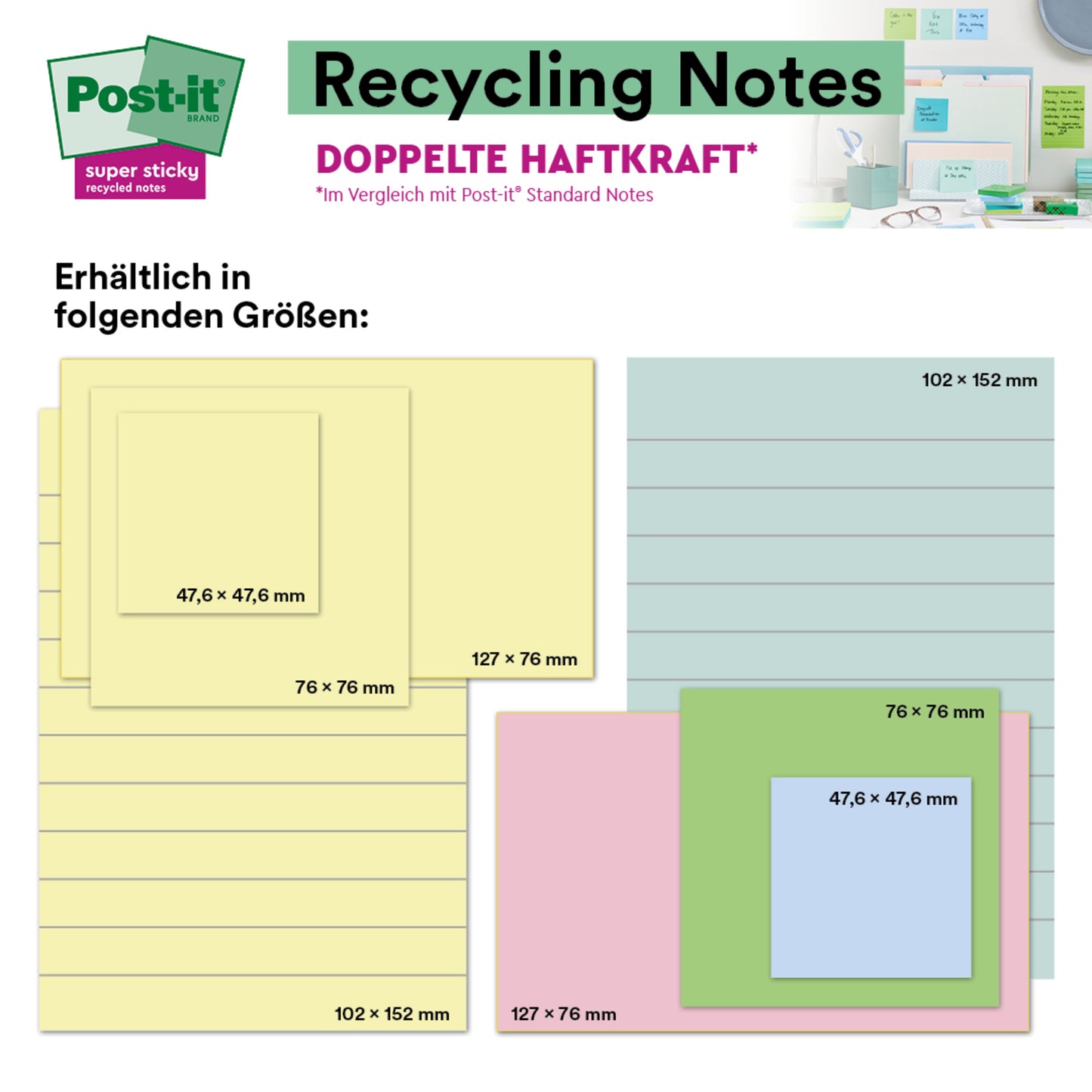 Das Bild zeigt Post-it® Super Sticky 100% Recycling Notes (47,6 x 47,6 mm, 70 Blatt/Block, PEFC-zertifiziert) von 3M Deutschland GmbH in Pastellfarben, mit einem kleinen Foto, das sie an einer Wand und auf einem Schreibtisch zeigt.