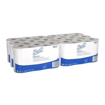 36 rolls of the 2-ply Scott® Essential™ Toilet Paper 8517 from Kimberly-Clark GmbH are contained in six white-blue packaged packs in the carton. The product is FSC-certified and made from recycled fibers.