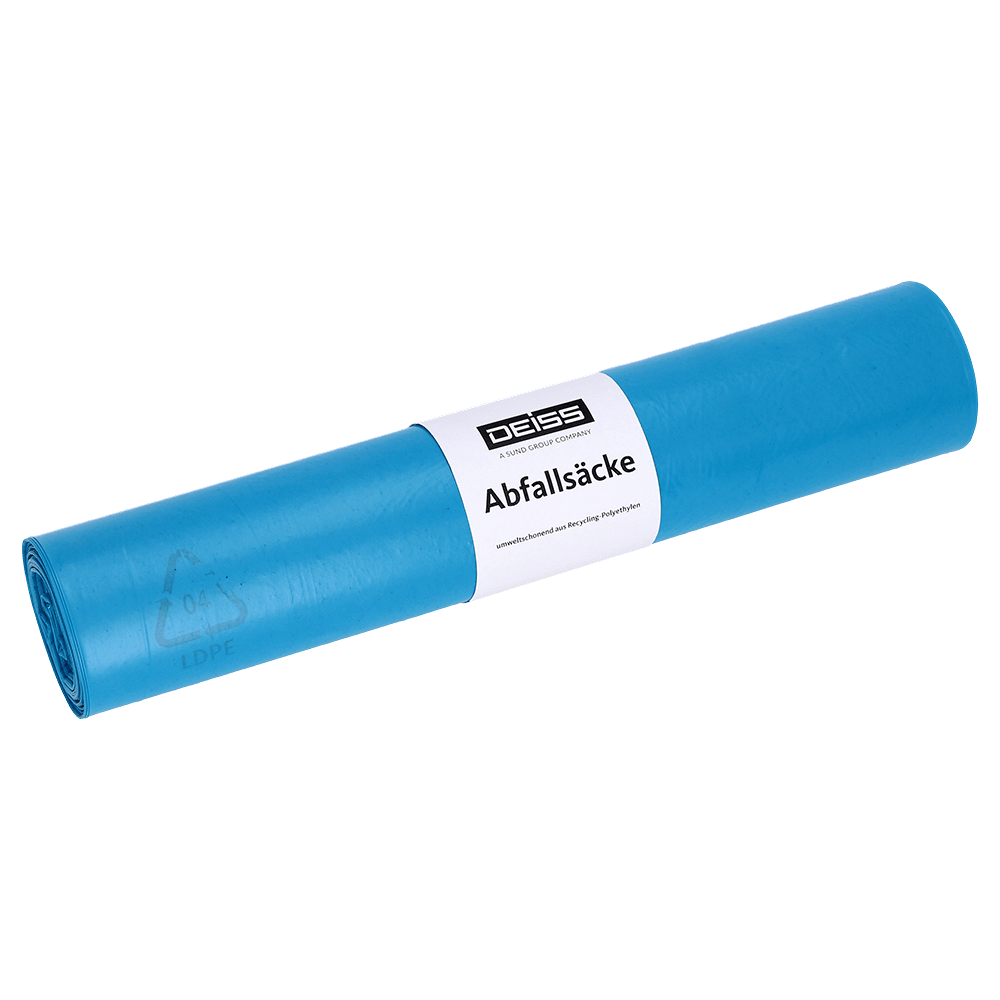 Pictured is a roll of EMIL DEISS KG (GmbH + Co.) DEISS 20004 blue garbage bags, 700x1100x0.029 mm (25 bags per roll), with a white "DESS" label and "Garbage bags", on a white background.