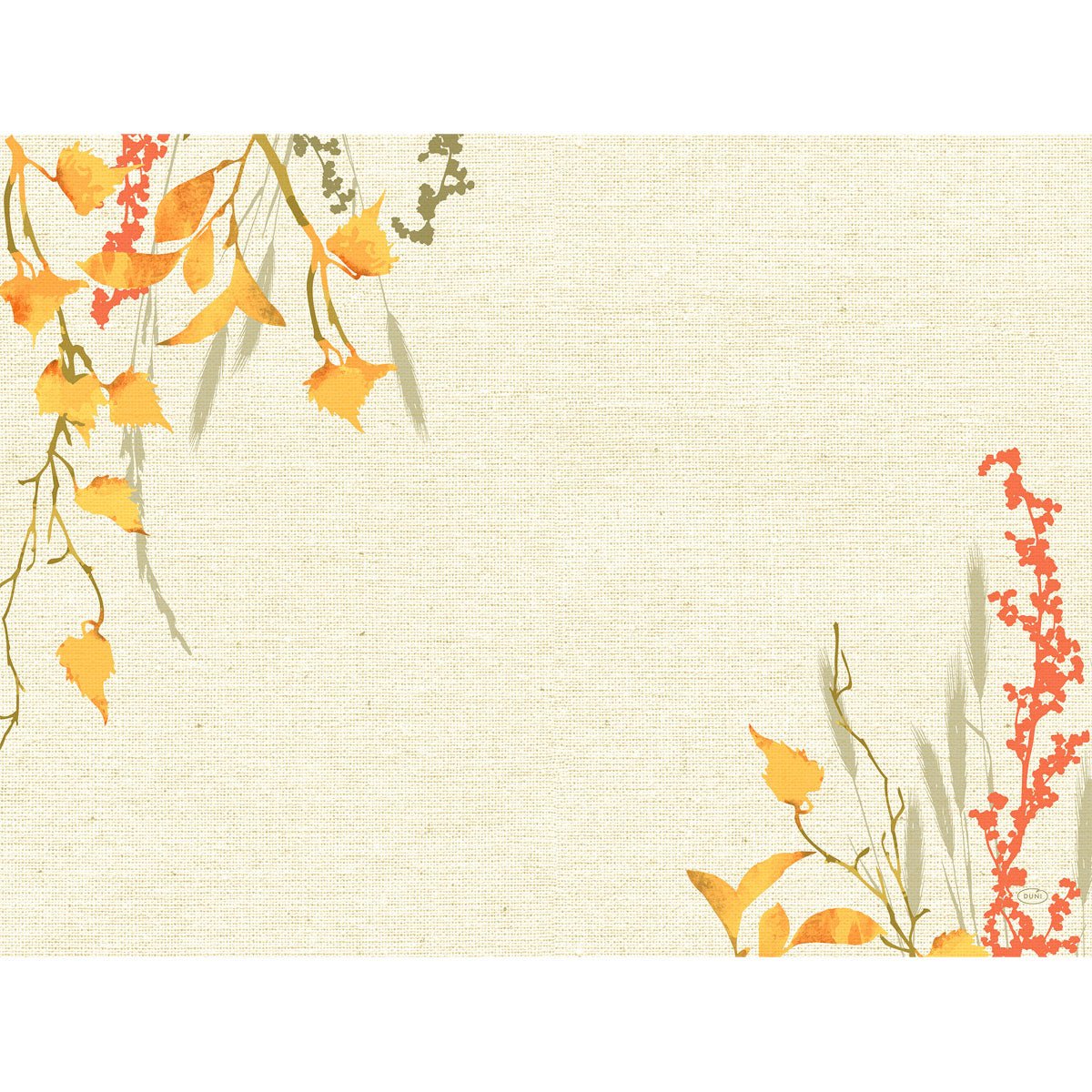 Paper placemats 30x40cm Fall Beauty by Duni GmbH: Textured beige background, orange-yellow autumn leaves, green stems, and red berries in the corners - perfect for autumn table decoration. Pack of 250 pieces.