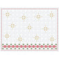 Das Tischset Dunicel-Sets 30x40 der Duni GmbH ist rechteckig, weiß und mit goldenen und grauen Schneeflocken sowie einer roten und grünen Blumenborte am unteren Rand verziert.
