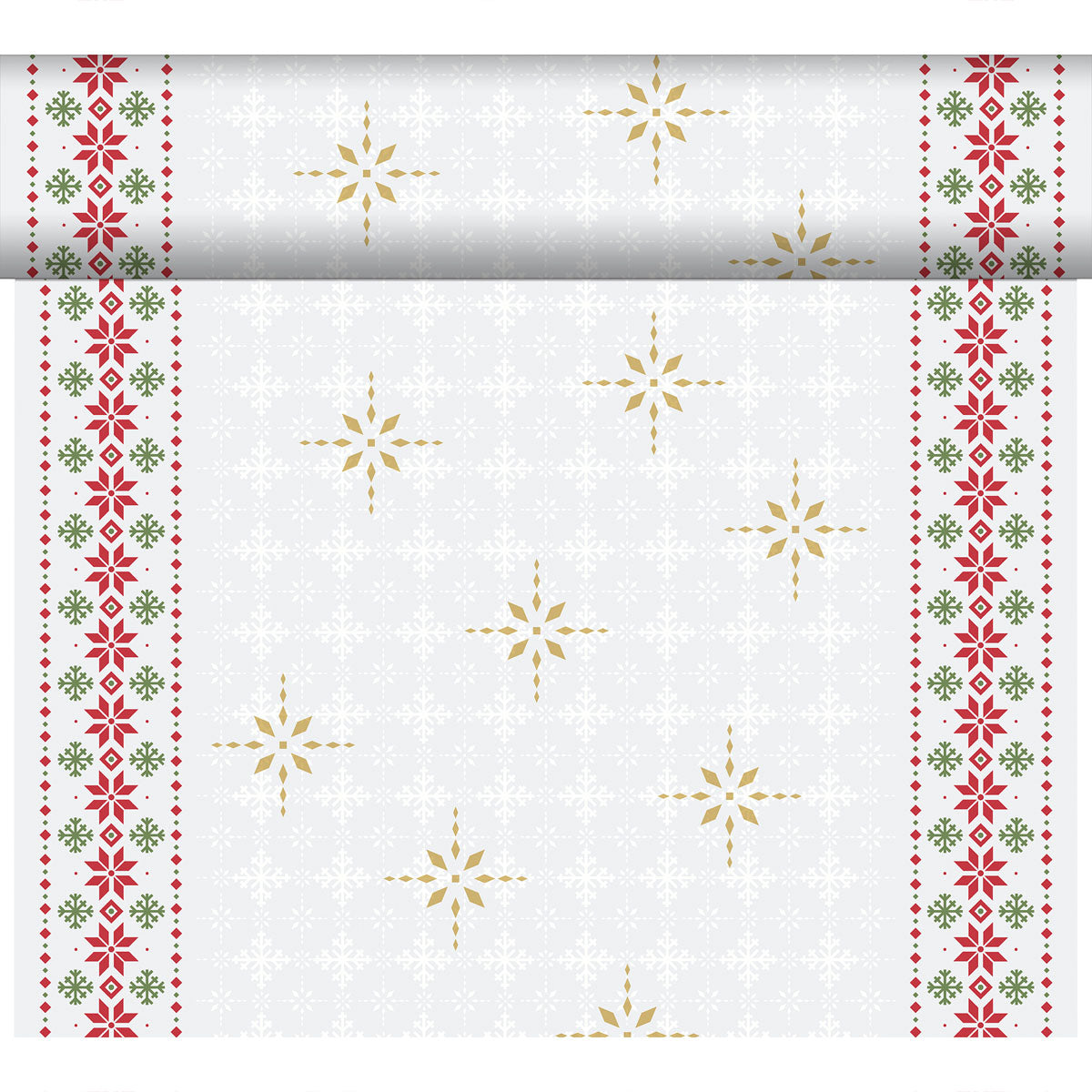 Das Dunicel-Tete a Tete 0,4x24m von Duni GmbH zeigt goldene Schneeflocken in der Mitte, rote und grüne Blumenbordüren und einen dezenten weißen Schneeflockenhintergrund - perfekt als eleganter Tischläufer oder Tischdekoration.