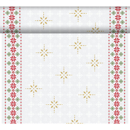 Das Dunicel-Tete a Tete 0,4x24m von Duni GmbH zeigt goldene Schneeflocken in der Mitte, rote und grüne Blumenbordüren und einen dezenten weißen Schneeflockenhintergrund - perfekt als eleganter Tischläufer oder Tischdekoration.