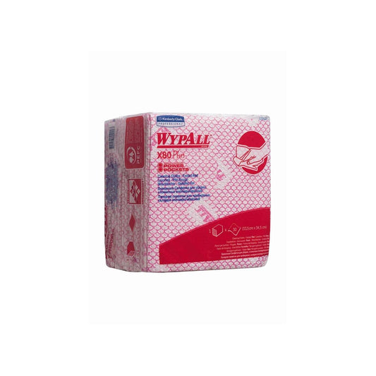 Eine rote Packung Kimberly-Clark GmbH WypAll® X80 Plus Critical Clean, viertelgefaltete Tücher (8 Beutel x 30 Blatt), für kritische Reinigungsaufgaben, mit sichtbarem Produktbranding und Beschreibung auf der Vorder- und Rückseite.