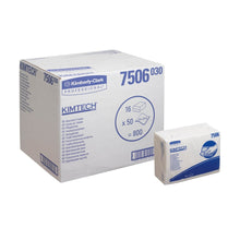 A large white box labeled "Kimberly-Clark GmbH Discontinued Item: Kimtech® Absorbent Care Wipes - Z Folded / White, 16 x 50 Pieces" stands next to a smaller package, both intended for professional use.
