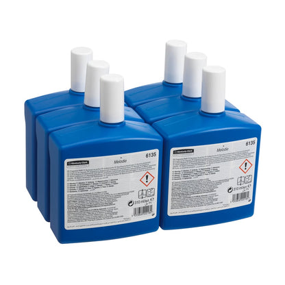 Six transparent, rectangular Kimberly-Clark Professional™ fragrance MELODY 310 ml refill bottles with white caps are grouped together. Each box contains 6 cartridges, labels with product information and warnings are facing outward. Brand: Kimberly-Clark GmbH.