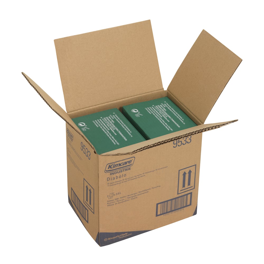 Eine geöffnete KIMCARE INDUSTRIE* DIABOLO Waschlotion Schachtel der Kimberly-Clark GmbH enthält zwei orangefarbene 3,5-L-Kartuschen (2 Beutel), wobei die aufrechten Schachtelklappen sichtbar sind.