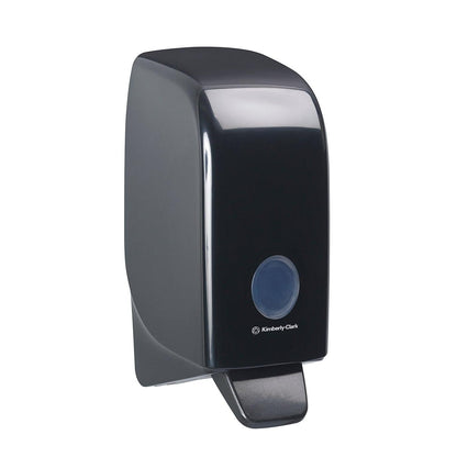 The Aquarius™ washing lotion dispenser from Kimberly-Clark GmbH is a black, wall-mounted 1-liter dispenser with a rectangular design, a blue, round front button, and the brand logo underneath - perfect for modern washrooms.