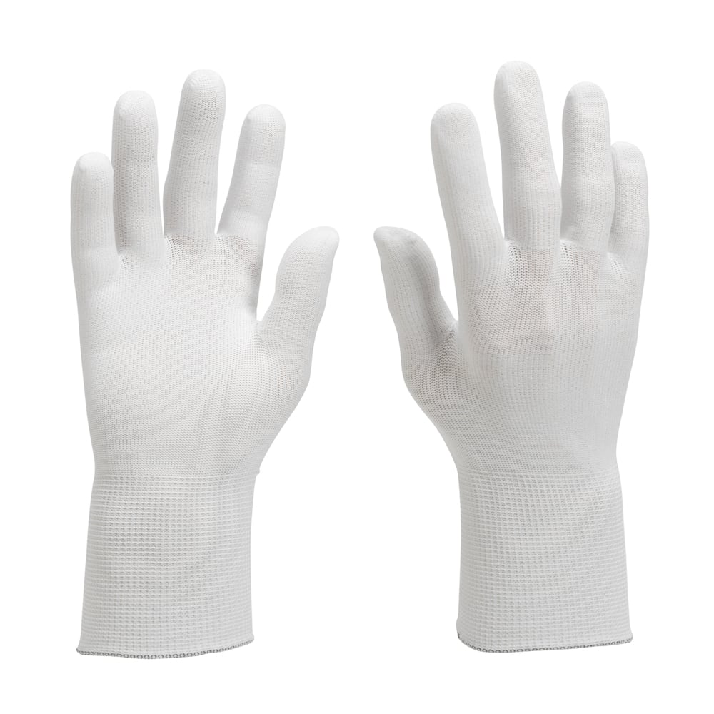 Ein Paar weiße KleenGuard® G35 Nylon-Handschuhe (24 cm, beidhändig tragbar) von Kimberly-Clark GmbH sind mit der Handfläche nach oben und mit der Handfläche nach unten vor einem weißen Hintergrund abgebildet.