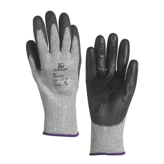 Ein Paar graue und schwarze KleenGuard® G60 Endurapro™ schnittfeste Handschuhe Level 5 von Kimberly-Clark GmbH, handbezogen, mit gummibeschichteten Handflächen und Fingern, abgebildete Handfläche und Rückseite mit Sicherheitssymbolen und Schnittfestigkeitsklasse.