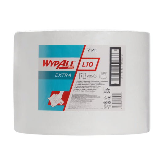 Die WypAll® L10 EXTRA Wischtücher Großrolle in Weiß (1 Rolle x 1500 Blätter) von Kimberly-Clark GmbH eignet sich ideal für professionelle Reinigung; Spenderanleitung ist direkt auf der Verpackung aufgedruckt.