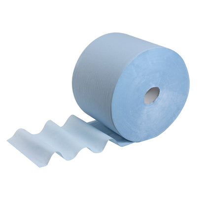 The WypAll® L10 paper towel for surfaces large roll (38.00 cm x 23.50 cm) from Kimberly-Clark GmbH is shown partially unrolled on a solid white background - ideal for surface cleaning in various environments.