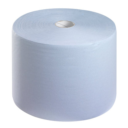 A large WypAll® L10 paper towel for surfaces large roll (38.00 cm x 23.50 cm) from Kimberly-Clark GmbH stands upright on a white background, its hollow core and textured surface are ideal for cleaning tasks.