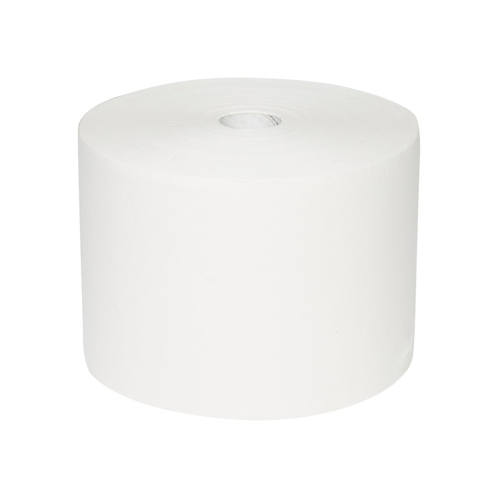 The unused WypAll® L10 paper towel for surfaces (large roll, 38.00 cm x 23.50 cm) from Kimberly-Clark GmbH is depicted on a white background; cylindrical with a hollow core, perfect for thorough surface cleaning.