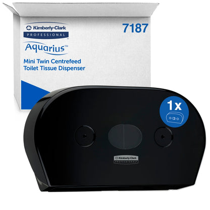 Ein schwarzer Kimberly-Clark Professional™ Toilettenpapierspender - Zentralentnahme/Jumbo von Kimberly-Clark GmbH ist vor seiner weiß-blauen Verpackungsschachtel abgebildet, die mit Produktangaben und der Nummer 7187 gekennzeichnet ist.