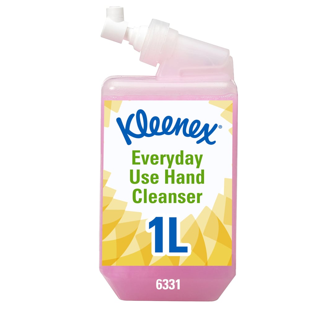 A pink 1-liter cassette of Kleenex® Normal Wash Lotion from Kimberly-Clark GmbH (6 pieces per box) with the inscription "6331" and yellow geometric accents - ideal as a refill cartridge for daily hand cleaning.