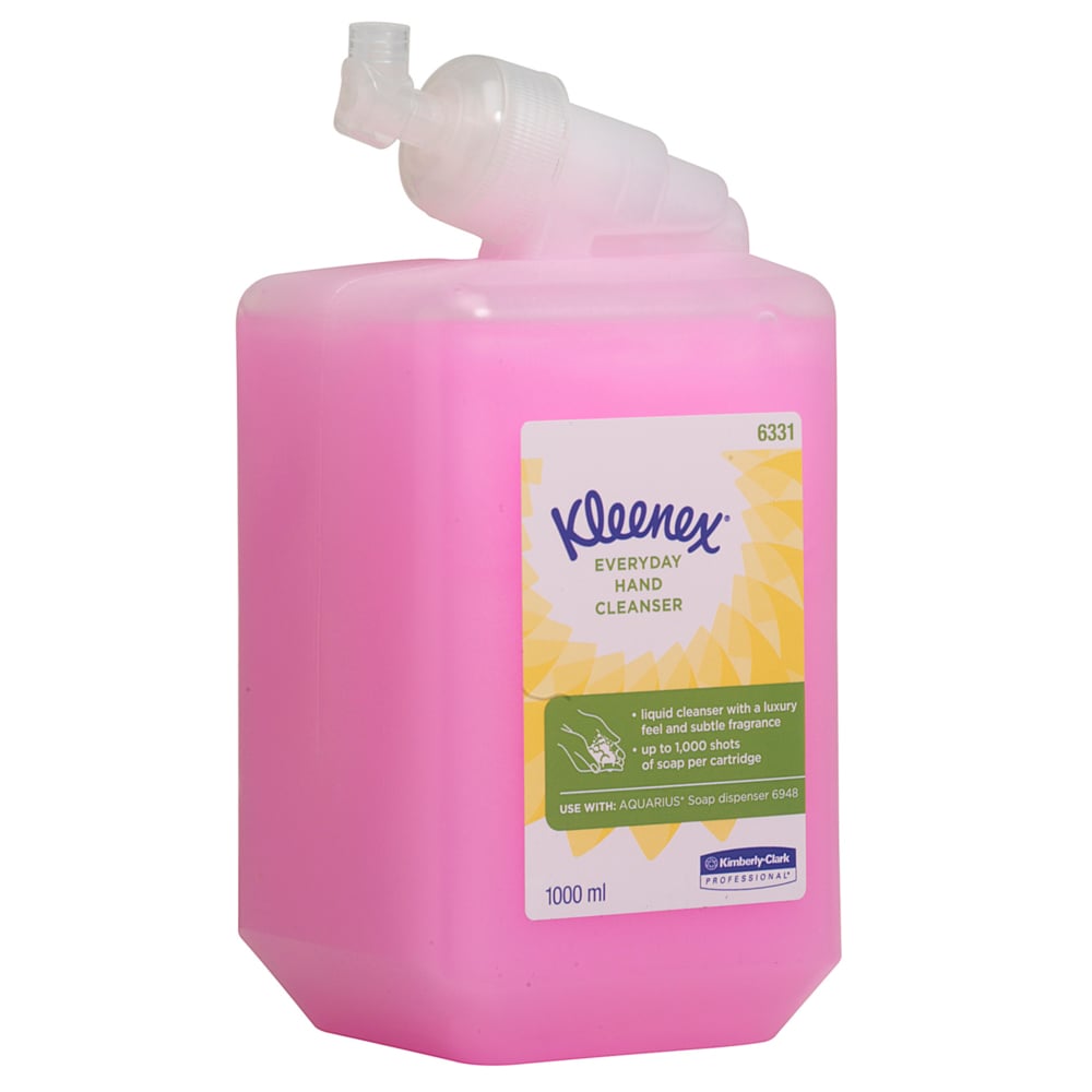A 1-liter cassette of Kleenex® Normal Wash Lotion pink from Kimberly-Clark GmbH, designed for Aquarius dispensers. The label features a yellow sunburst and product information. Sold as 6 cassettes per carton (6 cartridges).