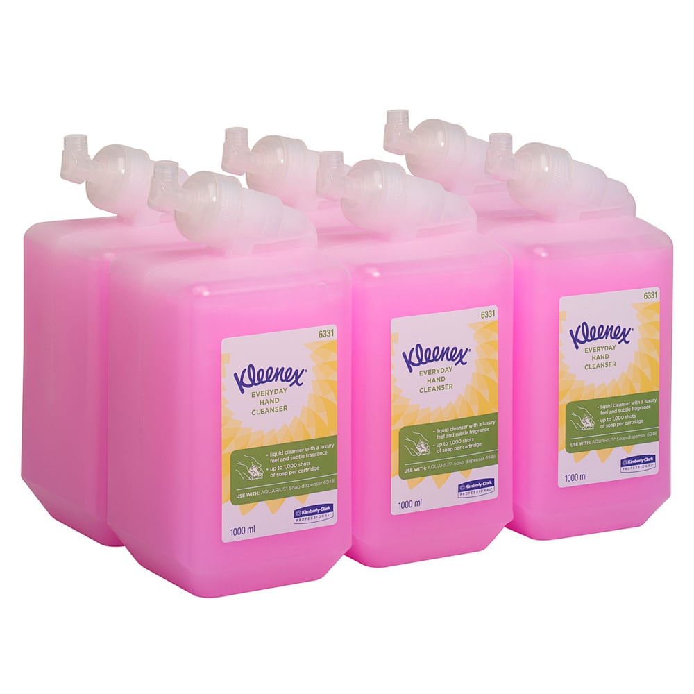Six pink 1L cassettes with Kleenex® Normal Wash Lotion from Kimberly-Clark GmbH, arranged in two rows of three on a white background. Each cassette has a label on the front and dispensing nozzles.