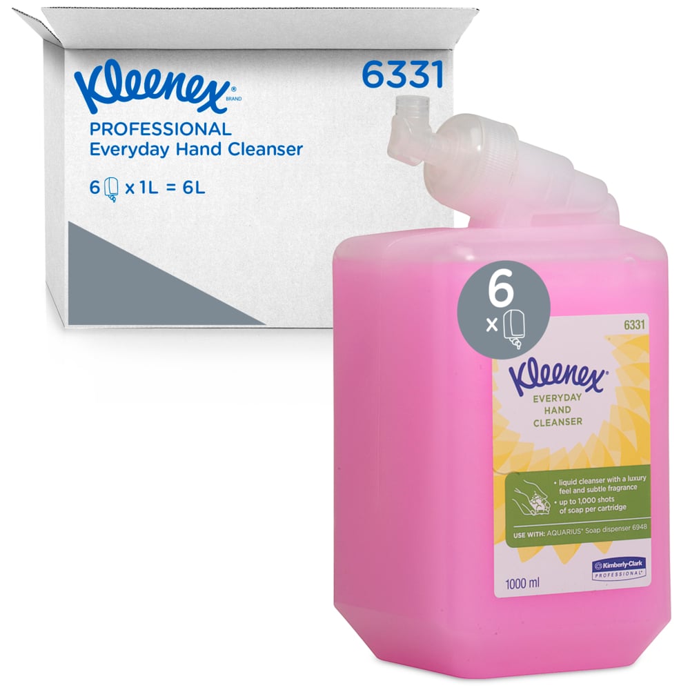 Pictured is a 1L Kleenex® Normal Wash Lotion refill cassette in pink from Kimberly-Clark GmbH with its box, containing 6 x 1L cassettes (6 cartridges) per carton.