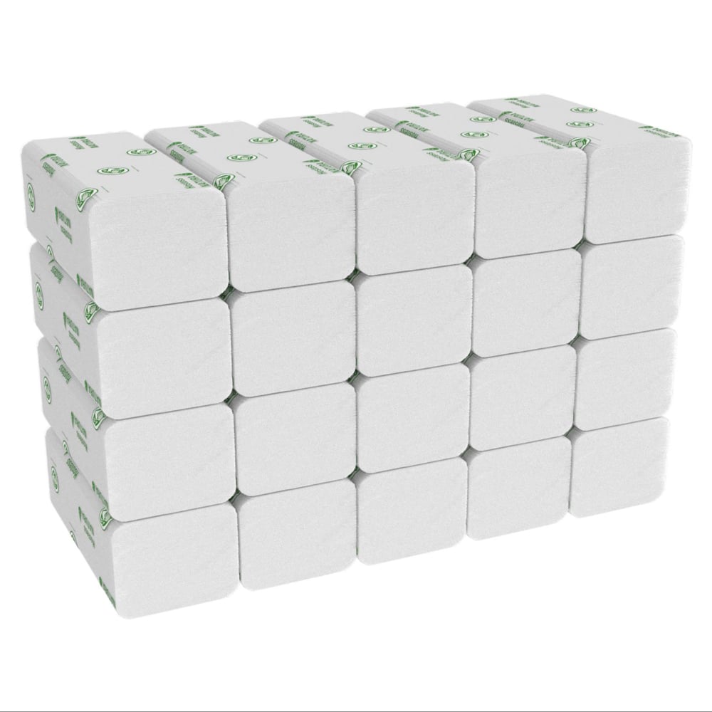 A case of Hostess™ NATURA™ towels from Kimberly-Clark GmbH - 20 packs of large, folded white towels (84 sheets each), ideal for public washrooms stocked with paper towels or similar products.