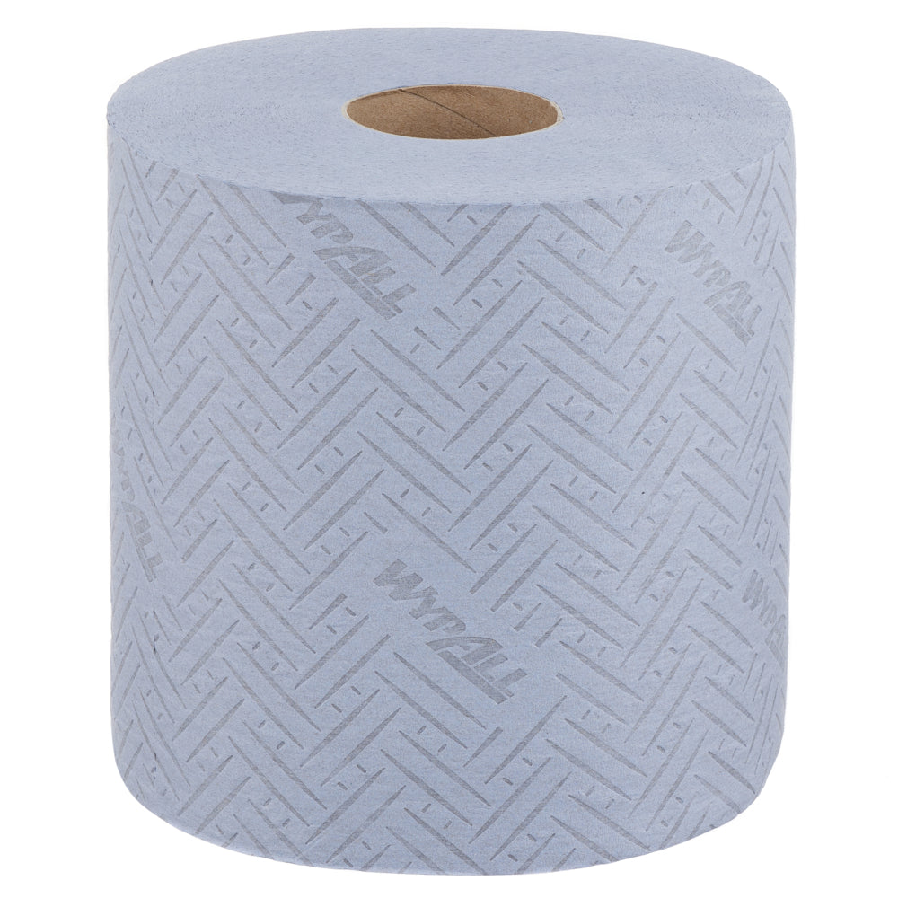 Ein Karton mit 6 Rollen (je 400 Blatt) WypAll® L20 blau 2-lagig Papierwischtuch von Kimberly-Clark GmbH, ideal für Wartungsarbeiten und Zentralentnahme.