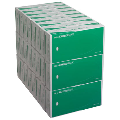Ein Stapel von 24 Kimberly-Clark Kimtech® Science Präzisionswischtücher-Boxen, weiß 2-lagig mit "100" Branding - perfekt für Labore, die neben Schutzhandschuhen auch hochwertige Präzisionswischtücher benötigen.
