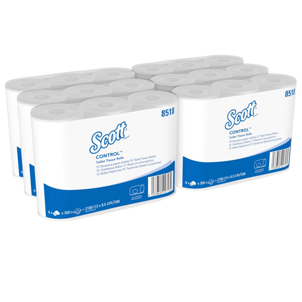 Six packs of Scott® Control™ toilet paper from Kimberly-Clark GmbH, each with six small white rolls (350 sheets per roll), are arranged on a solid white background to emphasize hygiene and cleanliness.