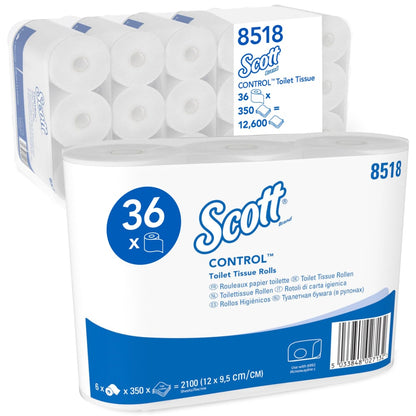 A pack of Scott® Control™ toilet paper from Kimberly-Clark GmbH contains 6 packs with 6 white rolls each, 350 sheets per roll; the packaging highlights hygiene and shows product details.