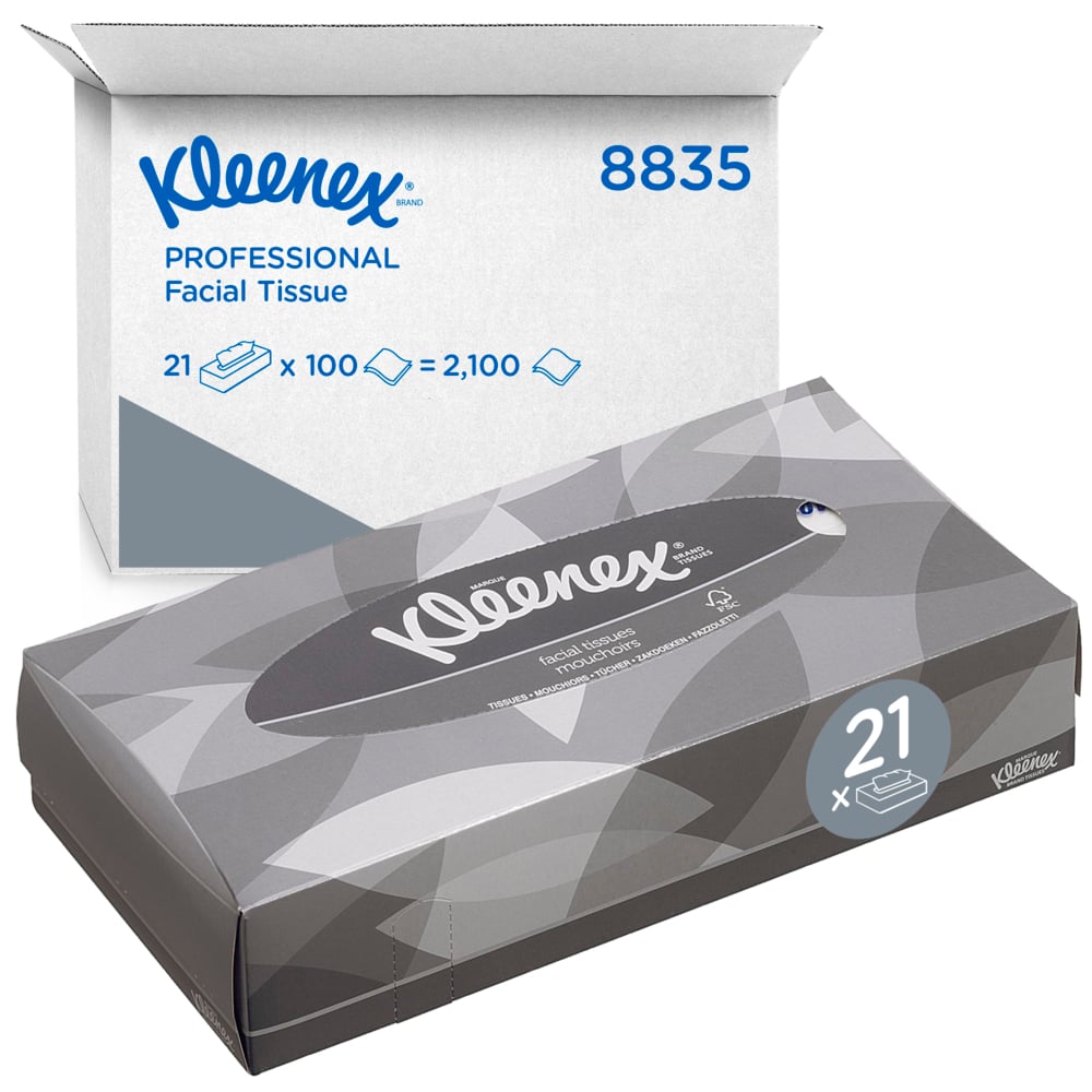 Pictured is a rectangular box of Kleenex® facial tissues - Standard / White from Kimberly-Clark GmbH with its shipping carton. Each carton contains 21 packs of 100 tissues, ideal for makeup removal or facial cleansing (total of 2,100 tissues).