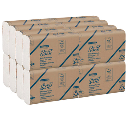 Sixteen white, multi-fold packs of Scott® Hand Towels by Kimberly-Clark GmbH are neatly stacked; each pack contains 250 sheets and is clearly branded - perfect for hygienic hand drying.