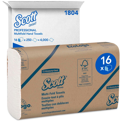 A white shipping box with the label "Scott® Hand Towels - MultiFold / White" by Kimberly-Clark GmbH contains 16 packs of 250 sheets each (a total of 4,000 towels) and offers hygienic hand drying in a convenient multipack.